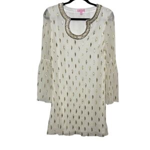 Lilly Pulitzer Dress Size 8 White Gold Silk Metallic Beaded Tunic Dress